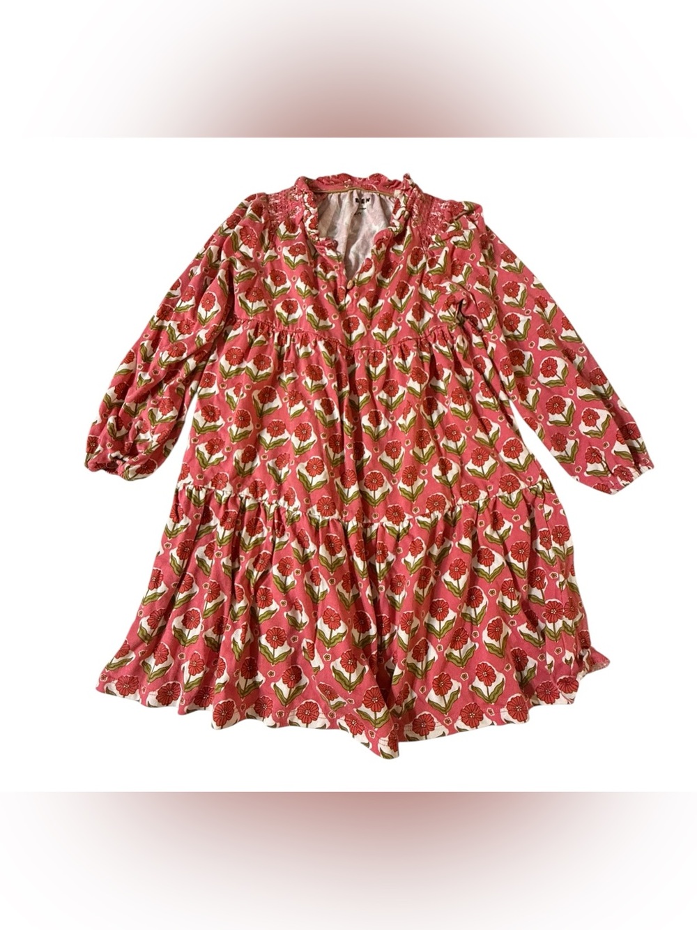 Mini Boden ruffle neck jersey dress French garden block print dress 6-7y